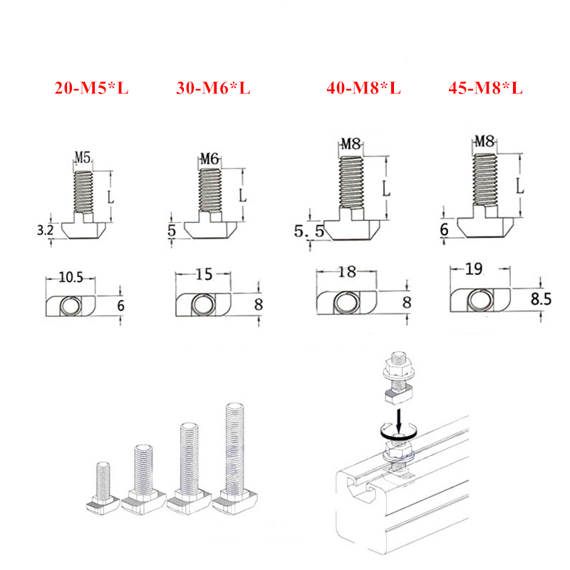 M5 M6 M8 T Hammer Head T Bolt  - Aluminum T-Slot Profile ulasan dan harga